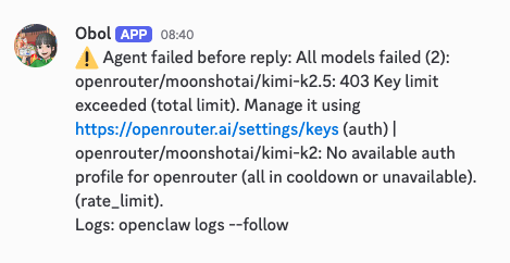 OBOL's last message: Agent failed — 403 Key limit exceeded (total limit)