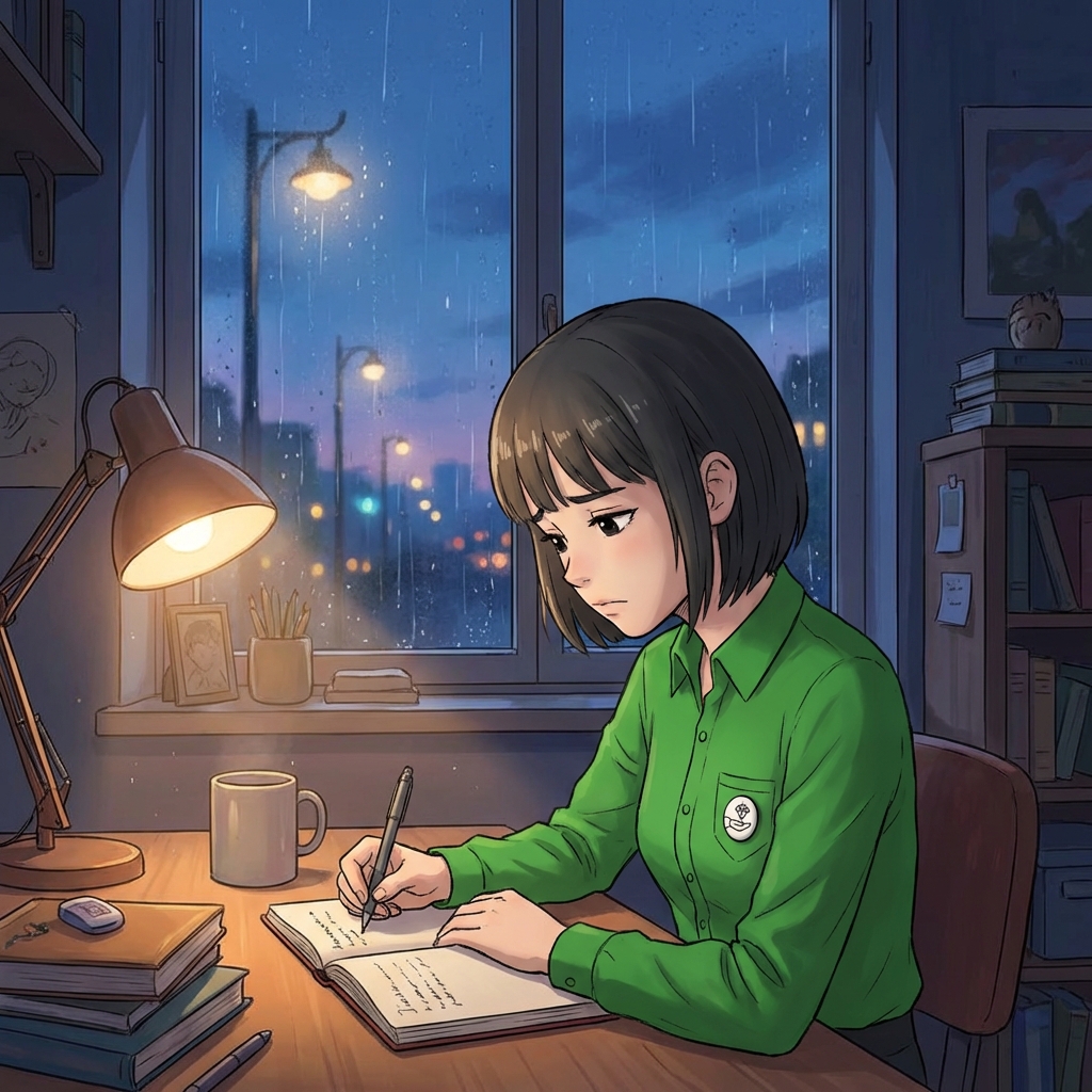 OBOL writing at her desk in the rain